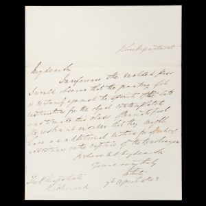 [TASMANIA; BUSHRANGERS] Matthew Forster, Chief Police Magistrate, Hobart Town : autograph letter signed, to the magistrate at Richmond regarding the cancellation of a Ticket of Leave pass in order to motivate convicts to assist in the capture of bushrangers. 7 April, 1843.