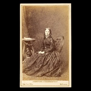 Studio portrait of Annabella (Gibson) Sloane of Mulwala and Savernake Stations, southern New South Wales. Melbourne, c.1866.