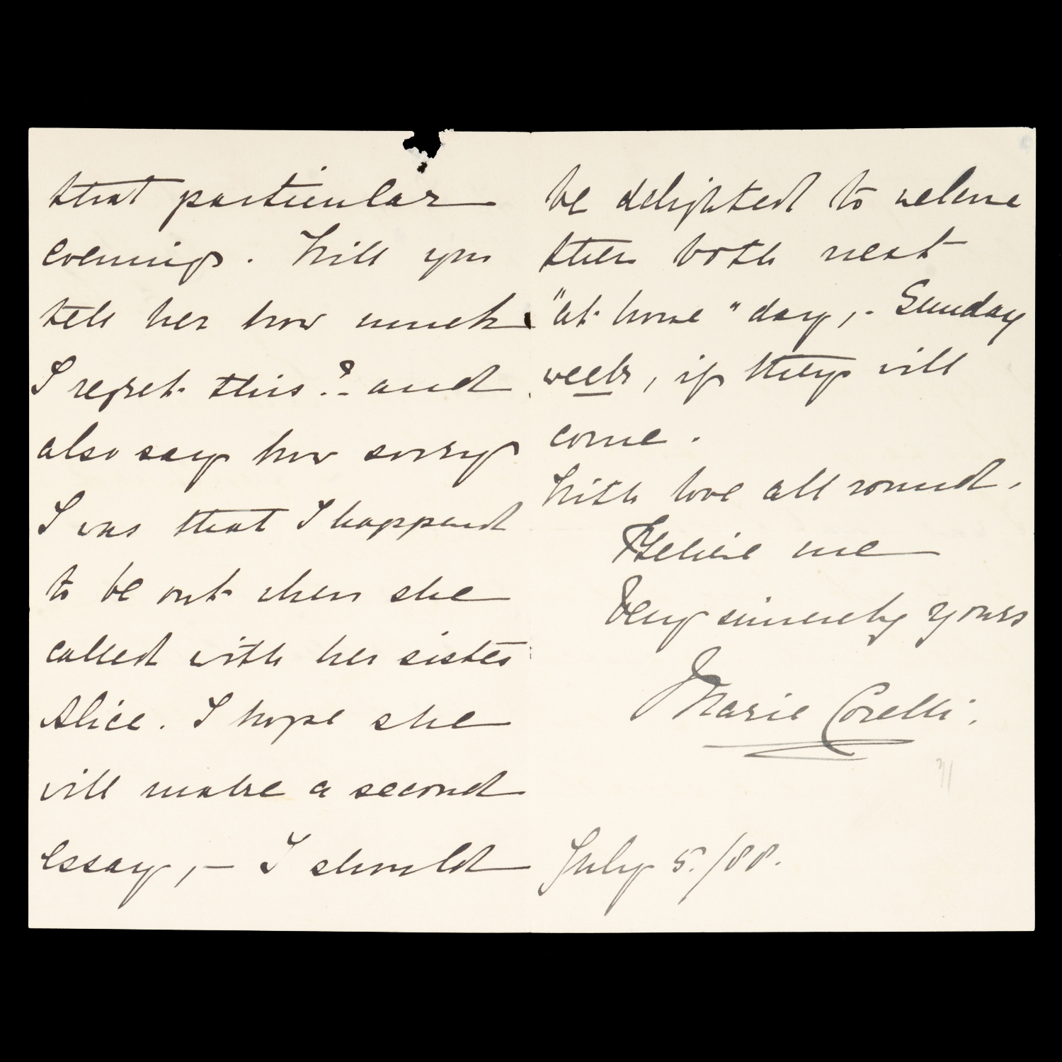 Marie Corelli, novelist : autograph letter, signed, dated 5 July 1888 ...
