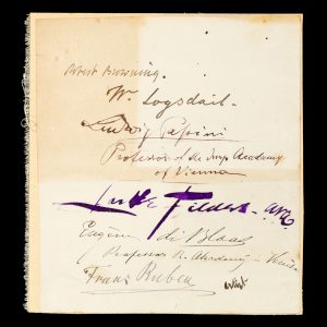 Autograph signatures of poet Robert Browning, and artists William Logsdail, Ludwig Passini, Luke Fildes, Eugene de Blaas, and Franz Leo Ruben.