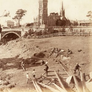 An informal cricket match in progress on the banks of the River Angas, Strathalbyn, South Australia, c.1880.