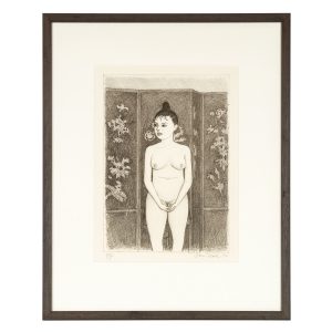 An original lithograph of a standing nude with Chinese screen (signed by Brack)