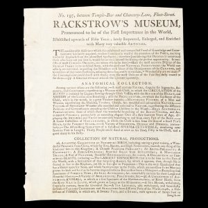 [BOTANY BAY BIRDS] Rackstrow's Museum, Pronounced to be of the First Importance in the World, Established upwards of Fifty Years ; lately Improved, Enlarged, and Enriched ... It consists of most Curious Objects ... Anatomical Collection ... Collection of Natural Productions ... Works of Art.