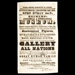 [TASMANIAN ABORIGINES; MAORI] Handbill advertising J. W. Reimers's Anatomical and Ethnological Museum in Saville House, Leicester Square, London. September, 1853.