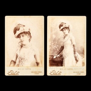 Two studio portraits of Miss Lily Dampier in "The Lady of Lyons" by Bulwer-Lytton. Sydney, 1887.