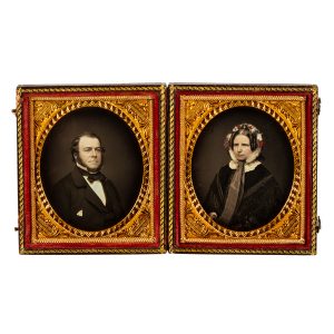 Twin daguerreotype portraits of a husband and wife.