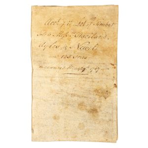 English Georgian manuscript account ledger recording the sale of timber (Devon, 1767), bound in parchment cut from an indenture from the reign of Queen Anne (1707).