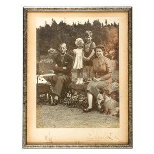 Queen Elizabeth II : signed photograph ("Elizabeth R"), also signed by Prince Philip. 1954.