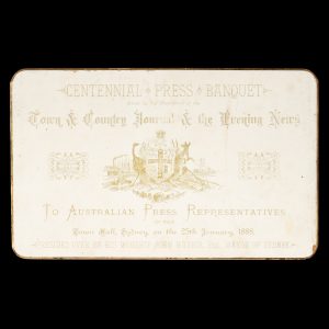 [SYDNEY] Centennial Press Banquet. Given by the Proprietors of the Town & Country Journal & the Evening News, to Australian Press Representatives in the Town Hall ... on the 25th January, 1888. Presided over by His Worship John Harris, Esq., Mayor of Sydney.