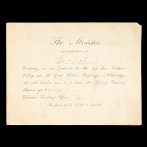 [BLUE MOUNTAINS] The Ministers request the honour of Mr J. G. O'Connor's company, on an Excursion to the Zig Zag, Lithgow Valley, on the Great Western Railway, on Wednesday, the 7th October [1885], to leave the Sydney Railway Station at 8.45 a.m.
