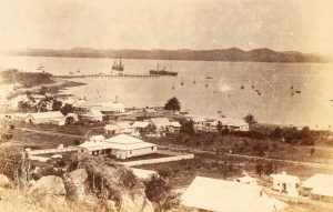View of buildings and pearling luggers in the harbour at Thursday Island, 1891.