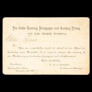 [SYDNEY] The Globe Evening Newspaper and Sunday Times, 78 King Street, Sydney. Luncheon, Printing House Lane, November 12th, 1885.