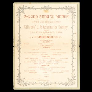[SYDNEY] Second Annual Dinner of Office and Agecy Staff of Citizens' Life Assurance Compy. Limited, 13th February, 1889. Menu.