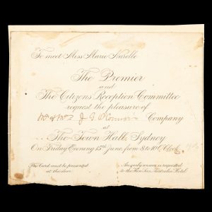 [SYDNEY; MUSIC] To meet Miss Marie Narelle: The Premier and The Citizens' Reception Committee request the pleasure of Mr. & Mrs. J. G. O'Connor's Company at the Town Hall, Sydney, on Thursday Evening 15th June [1906] from 8 to 10 o'clock.