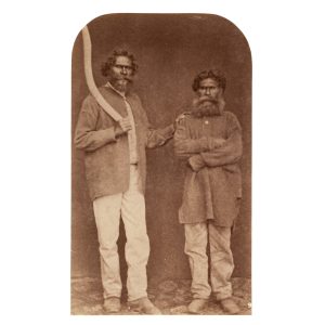 William Barak and (?)Simon Wonga (holding boomerang). Coranderrk, c.1872.
