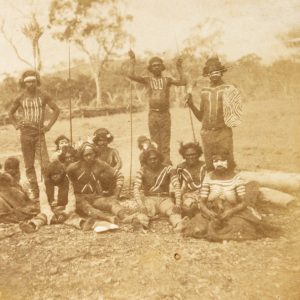 Aboriginal group with gulmari shields, Macintyre River (Northern New South Wales or South-East Queensland), c.1870.