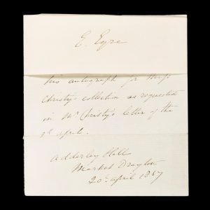 Edward Eyre, explorer of the Australian interior and colonial administrator: presentation signature with accompanying autograph note, dated 20 April 1867.
