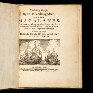Wonderlijcke Voyagie, by de Hollanders gedaen, door de Strate Magalanes, ende voorts den gantschen kloot des Aertbodems om, met vier Schepen : onder den Admirael Olivier van Noort,