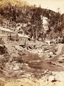 [GOLD MINING] Russell's Gold Battery on Tararu Creek, Thames Goldfields, Coromandel Peninsula, New Zealand, 1869.