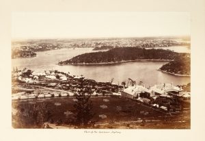 View of Sydney Harbour, looking across Berrys Bay from Waverton towards Cockatoo Island, 1870s.